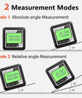 Knockout Performance Digital Angle Finder With Heavy Duty Magnetic Base And Bright Backlit Lcd Display showing two measurement modes.