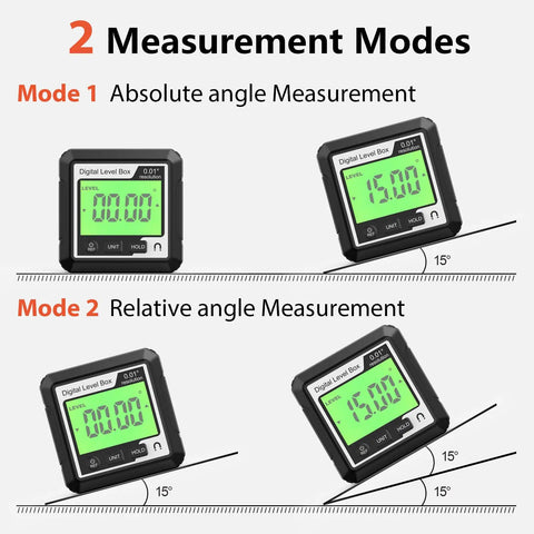 Knockout Performance Digital Angle Finder With Heavy Duty Magnetic Base And Bright Backlit Lcd Display showing two measurement modes.