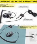 ESD Mat Anti Static Grounding Kit for Workstations Setup with plug adapter, snap kit, coil cord, and navy wristband, connected to outlet