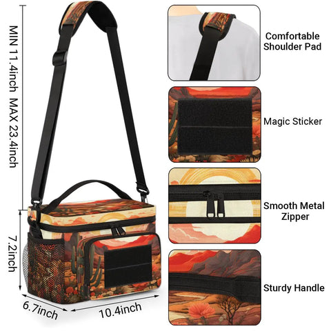 Desert Flower Cactus Tactical Lunch Bag Insulated Leakproof Lunch Box With Adjustable Shoulder Strap For Work Camp Trips Beach Picnic 7L Cooler Meal Prep Container featuring adjustable strap, magic stickers, and metal zippers.