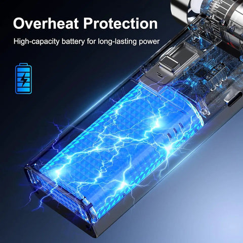 Ultra Slim Electric Air Duster With 150,000 RPM Turbo Power showing battery with overheat protection