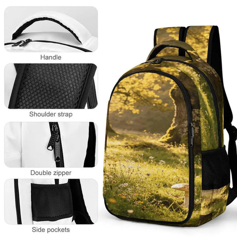 Mossy Forest Mushroom Printed Unisex Backpack with durable polyester, breathable panel, and large capacity for everyday adventure.