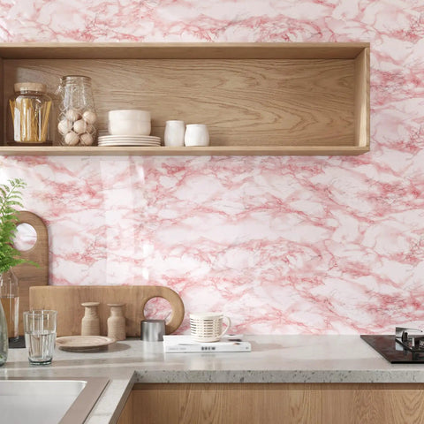 Alt Tag: Kitchen backsplash covered with Pink Marble Contact Paper Peel And Stick Self Adhesive Wallpaper Removable Waterproof Wall Covering