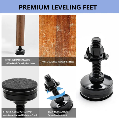 Image of heavy duty adjustable furniture levelers set of 4 with T nuts and non slip pads for tables showing installation details.