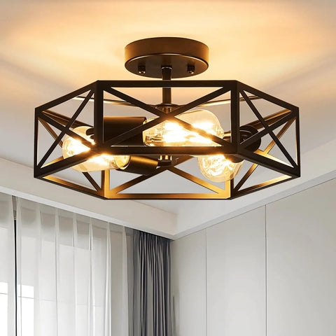 Modern Farmhouse Hexagon Cage Ceiling Light Semi Flush Mount In Matte Black installed in a room, hexagonal metal cage design