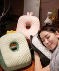 Cool Ice Silk Napping Face Pillow For Table Naps, Ergonomic and Breathable Travel Pillow with person resting head, Green