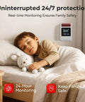Child sleeping peacefully beside Plug In Six In One Smoke And Carbon Monoxide Guardian with monitoring display.