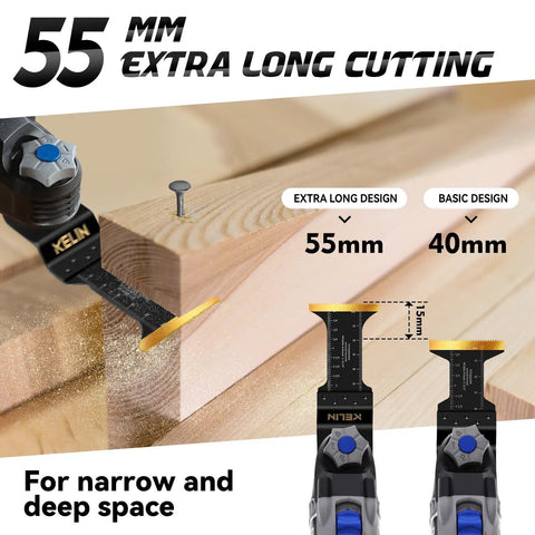 Heavy Duty Titanium Oscillating Tool Blades Kit cutting wood, showing 55mm extra long blade for deep cuts.