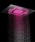 No Sweat Ceiling Mounted Shower Combo Set With Thermostatic Concealed Valve And Slick Chrome Trim For Modern Bathrooms Built Tough Copper Core Seamless LED Spray Head Plus Tub Spout overhead LED rain shower head in pink color pouring water.