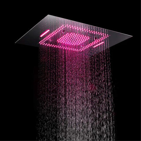 No Sweat Ceiling Mounted Shower Combo Set With Thermostatic Concealed Valve And Slick Chrome Trim For Modern Bathrooms Built Tough Copper Core Seamless LED Spray Head Plus Tub Spout overhead LED rain shower head in pink color pouring water.