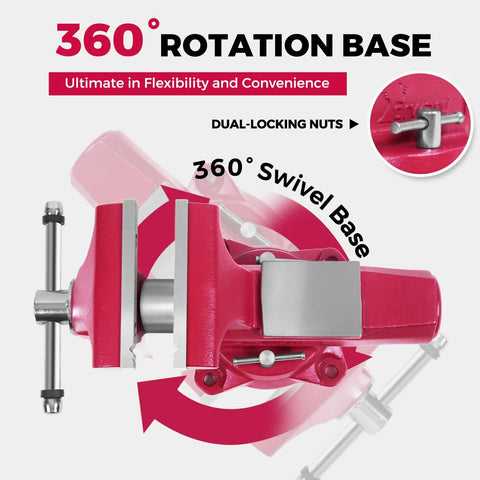 Industrial Bench Vise 4 Inch Jaw Width With 360 Degree Swivel Base showing rotation feature and dual-locking nuts