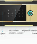 Front view of Black Electronic Safe With Fingerprint Lock For Home, Office, And Wall Mount Cabinets, showing keypad and fingerprint scanner.