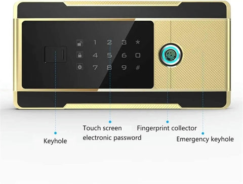 Front view of Black Electronic Safe With Fingerprint Lock For Home, Office, And Wall Mount Cabinets, showing keypad and fingerprint scanner.