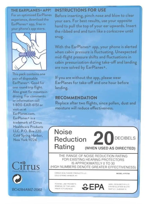 Instructions and noise reduction info for Plus 3 Pairs Of Latex Free Earplugs For Flying Adult Size With CeramX Filter Technology