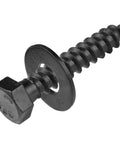 Built Tough Three Eighth By One And A Half Inch Lag Bolt Kit With Washers Includes Fifty Black Ceramic Coated Fasteners For Exterior Deck Jobs And Treated Lumber Delivers Rock Solid Grip With Zero Sweat, showing a single black ceramic coated lag bolt with washer.