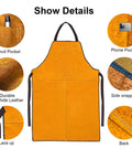 Beefed Up Heat Resistant Welding Apron For Men With Thick Cowhide Leather Flame Retardant Blacksmith Shield shown with details