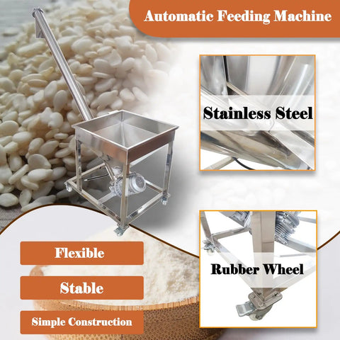 Rock Solid Automatic Screw Conveyor Feeder Machine With Food Grade Stainless Steel Auger, close-up of hopper and caster wheels.