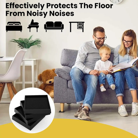 3x3 Square Rubber Furniture Wheel Cups With Anti Slip Grip placed under a sofa in family room, protecting hardwood floor.