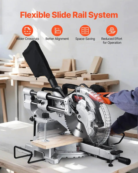 Sliding Compound Miter Saw With 12-Inch Blade, 15 Amp Motor, 60-Tooth Corded Double Bevel, LED Precision Alignment showcased on a workbench