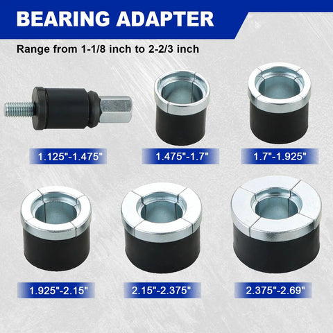 Universal Cam Bearing Tool Kit, 16-Piece Set with adapters, showing bearing adapter range from 1-1/8 inch to 2-2/3 inch