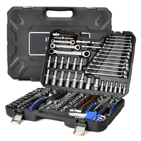 Heavy Duty Mechanic Tool Set 151 Pc Mixed Socket Wrench Kit For Auto And Home Repair displayed in a durable case, showcasing sockets and ratchets.