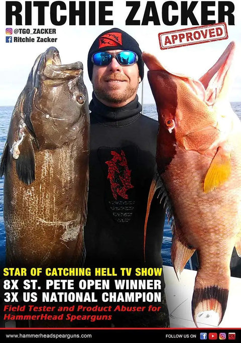Man holding two large fish on a boat, wearing sunglasses and a hat, with text overlays about a spearfishing champion.