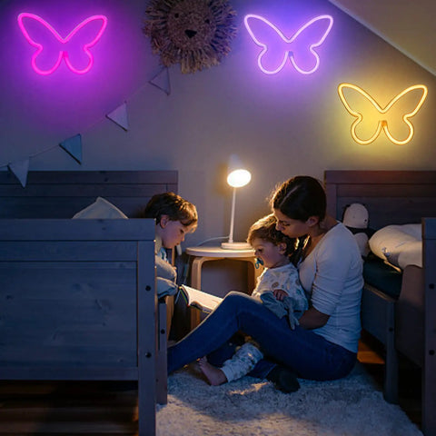 Three Piece Butterfly Neon Signs Set For Bedroom Decor displayed above beds, lit in pink, purple, and yellow, creating cozy ambiance.
