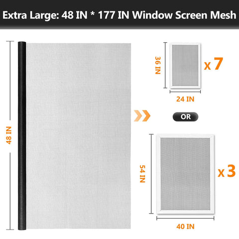 Window Screen Repair Kit for Doors and Windows, 48 by 177 Inches, Durable Fiberglass Mesh Roll for DIY use, shown in dimensions.