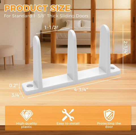 Side view of white floor guide for sliding doors showing measurements for standard 1-3/8 inch thickness, made of durable ABS.
