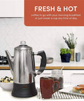 Percolator Coffee Pot Electric Brewer With Cool Touch Handle And Clear Brew Progress Knob 12 Cup No Fuss On Off Switch Keeps Coffee Warm Stainless Steel 360 Degree Swivel Base For Easy Brew View on a kitchen counter.