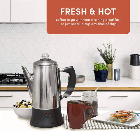 Percolator Coffee Pot Electric Brewer With Cool Touch Handle And Clear Brew Progress Knob 12 Cup No Fuss On Off Switch Keeps Coffee Warm Stainless Steel 360 Degree Swivel Base For Easy Brew View on a kitchen counter.