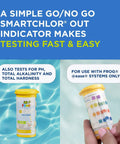 Premium Water Test Strips For Hot Tubs And Swim Spas Straight Up Smart Chlor Balancing Formula No Sweat Backyard Spa Care Kit Effortless Water Quality Checker With 60 Count Sheets in a colorful container beside a pool.