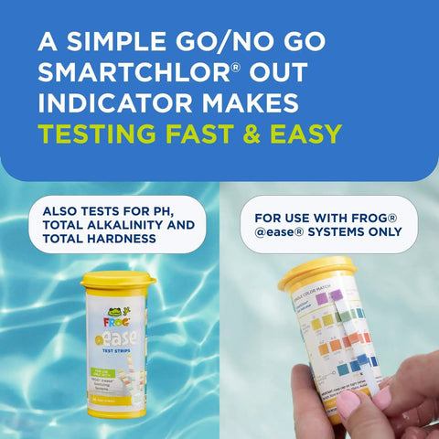 Premium Water Test Strips For Hot Tubs And Swim Spas Straight Up Smart Chlor Balancing Formula No Sweat Backyard Spa Care Kit Effortless Water Quality Checker With 60 Count Sheets in a colorful container beside a pool.