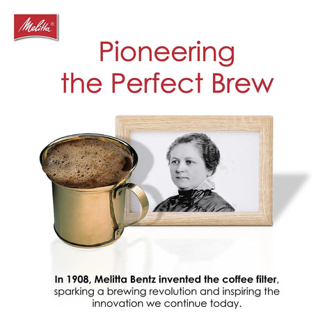 Vintage coffee mug next to a framed portrait, related to the invention of coffee filters.