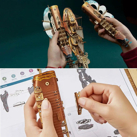 Person assembling Ultimate 3D Wooden Puzzle Kit For DIYers, Handcrafted Spaceship Model, Steampunk Airship Build With 400 Plus Precision Cut Parts