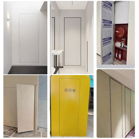 No Sweat Hidden Drywall Access Door Panel With Rock Solid Aluminum Frame And Sweet Magnetic Latch installed in various wall settings.