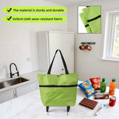 2-In-1 Foldable Shopping Cart With Wheels, green Oxford fabric tote in kitchen, groceries visible, waterproof and sturdy.