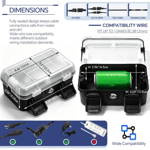 Heavy Duty Outdoor Electrical Box With IP54 Weatherproof Shield And Dual Cable Ports For Power Strips Plugs And Holiday Lights Black One Pack dimensions with compatibility wire details.