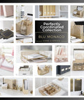 Collage of gold metal desk organizers with drawer and mesh file holder for papers and folders