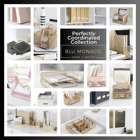 Collage of gold metal desk organizers with drawer and mesh file holder for papers and folders
