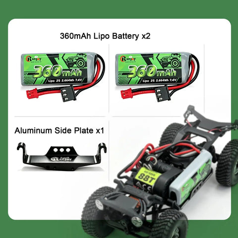 Two Pack 7.4V 360mAh LiPo Battery 2S with PH2.0 Plug and Aluminum Side Plate for RC Cars and Crawlers layout