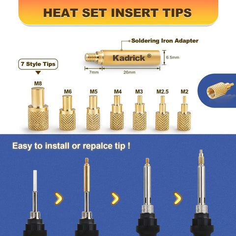 Set of 7 brass insert tips and soldering iron adapter for 80W Heat Set Insert Tool Kit for 3D printing, M2-M8 thread sizes