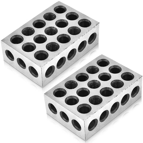 Matched pair of silver metal 1-2-3 precision blocks with 23 holes each for jig setup and inspection