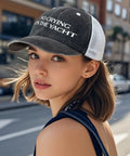 Woman wearing the No Crying On The Yacht Hat For Grandpa An Adjustable Cool Cap with city street background.