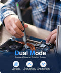 Person using Mini Electric Screwdriver 62 In 1 Cordless Precision Power Tool Kit With 48 Magnetic Bits on a circuit board