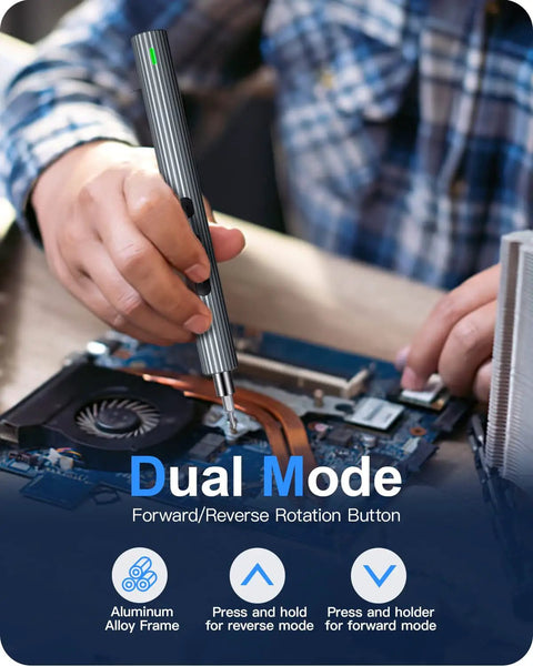 Person using Mini Electric Screwdriver 62 In 1 Cordless Precision Power Tool Kit With 48 Magnetic Bits on a circuit board