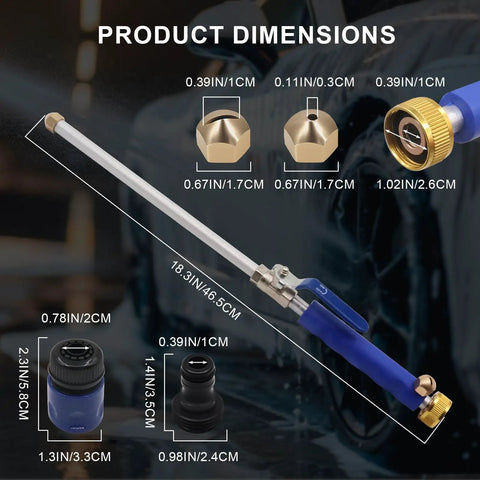 High Pressure Hose Nozzle With Dual Nozzles Power Washer Wand Leak Proof Hose Attachment displayed with dimensions