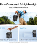 Man carrying Trail 300 DC Power Bank Station 288Wh Portable Solar Generator in forest with size comparison details.