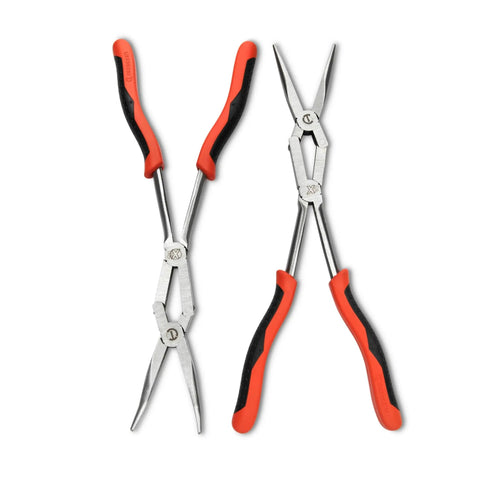 Two Piece Long Nose Pliers Set With Straight And Bent Tips, Dual Material Grips, Long Reach Design, Compound Joint Opens Wider