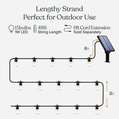 Diagram of Solar Powered Outdoor String Lights 48 Ft Commercial Grade Waterproof Patio Lights With 15 Shatterproof LED Edison Bulbs